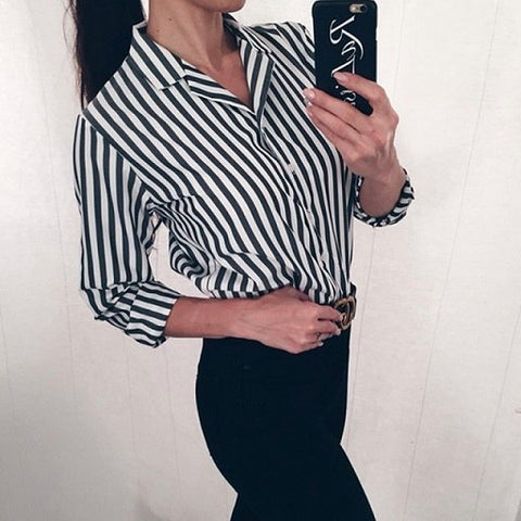 2022 New Spring Autumn Women Blouse V-Neck Long Sleeve Work Shirts Women office Tops black Striped blouse for business