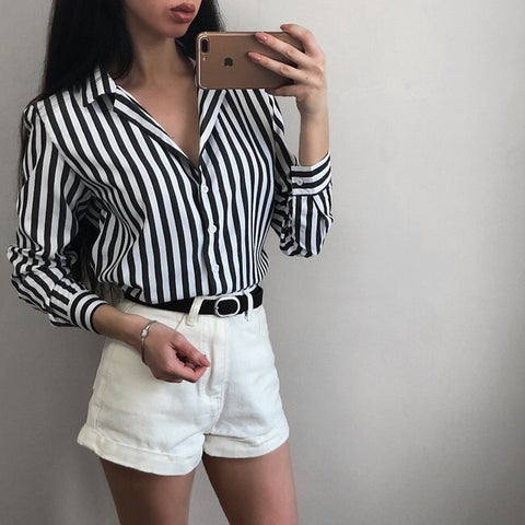 2022 New Spring Autumn Women Blouse black strips V-Neck Long Sleeve Work Shirts Women office Tops Striped blouse for business