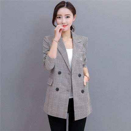 2022 New Spring Spring Autumn Female Blazers Plaid Double Breasted Slim Suits Jackets Long Woman Blazers Coats