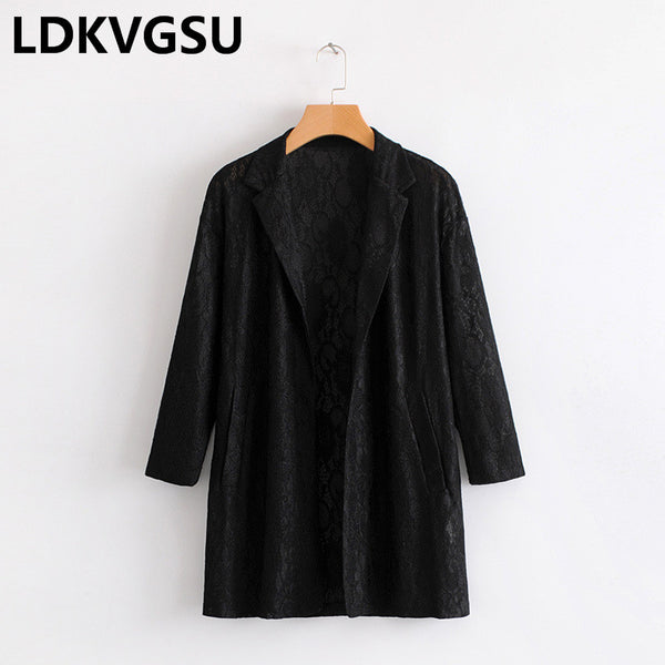 New Spring Summer Women Fashion Nine Sleeves Lace Suit Cardigan Coat Solid Color White/Black/Pink Long Blazer Female Is673