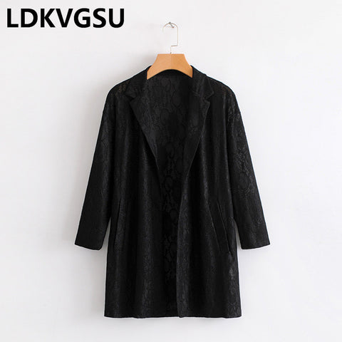 New Spring Summer Women Fashion Nine Sleeves Lace Suit Cardigan Coat Solid Color White/Black/Pink Long Blazer Female Is673