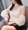 New Spring Women High Neck Tulle Tops Elegant Lace Chiffon Office Causal Shirts Sexy Lantern Sleeve Perspective Blouses