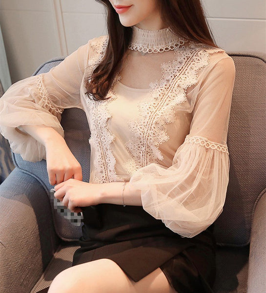 New Spring Women High Neck Tulle Tops Elegant Lace Chiffon Office Causal Shirts Sexy Lantern Sleeve Perspective Blouses
