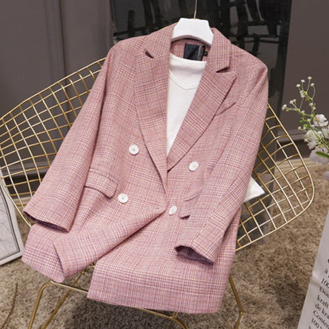 New Spring and autumn Korea Pink Plaid Blazer Women Elegant Double Breasted Long sleeve blazer feminino chamarras mujer