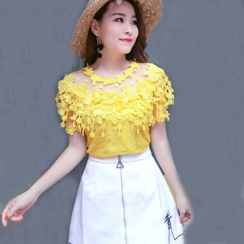2023 Summer Autumn Women Lace Blouse Sweet Floral Hollow Out Lace Shirt Female Backless Mesh Blouses Blusas Short Tops AB929