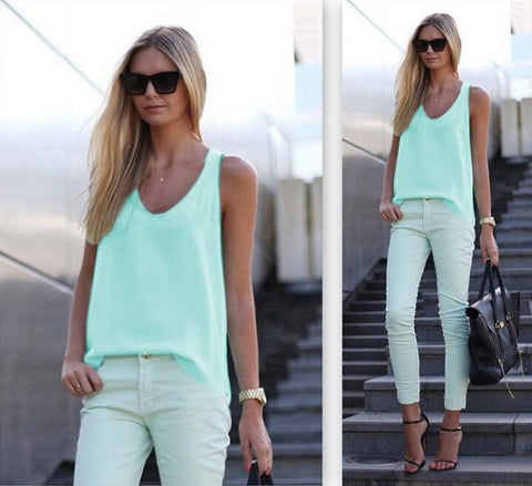 New Summer Fashion Hot Chiffon Solid Color Tank Top Sleeveless V-Neck Loose Casual Top Sexy Women Clothing Co Tank Top