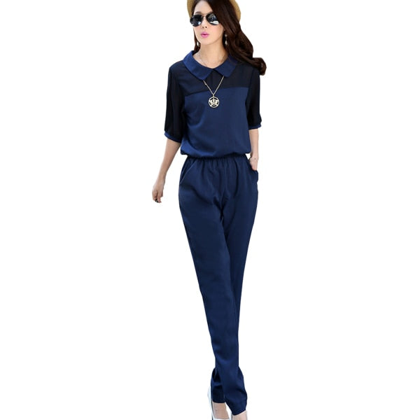 New Summer Fashion Women Jumpsuit Elegant Loose Casual Overalls Black Blue Rompers Office Work Wear Long chiffon Jumpsuits