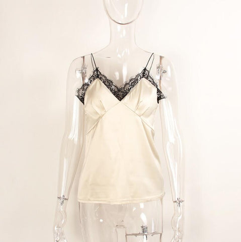 New Summer Lace V Neck Imitation Satin Silk Top Sexy Tops Women Fitness Tank Top Green Elegant Women's Sleeveless Tops