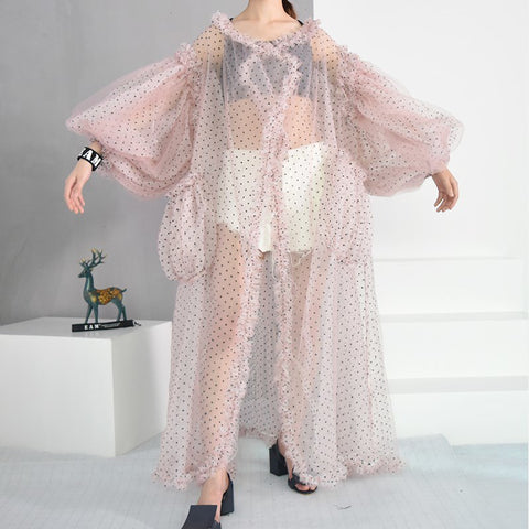 2022 New Summer Women Casual V-Collar Pockets Dot Printed Long Shirts Full Stylish Big Size Lantern Sleeve Organza Blouses