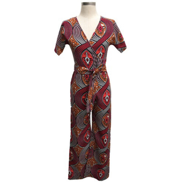 2022 New Summer Womens Rompers Jumpsuit Women African Print Clothing Casual Sexy Low bosom Deep V neck Wide Leg Pants milk silk