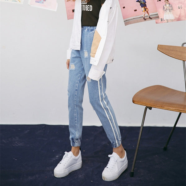 2022 New Vintage Holes Jeans Women Casual Denim Pant Spring Summer High Waist Ripped Jean Ladies White Striped Side Bottom S-XXL