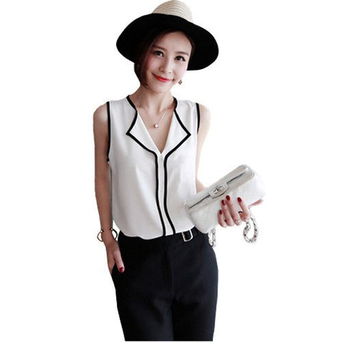 New Women Chiffon Blouse Korean Fashion Sleeveless Women V Neck Chiffon Blouse Shirt Women Tops