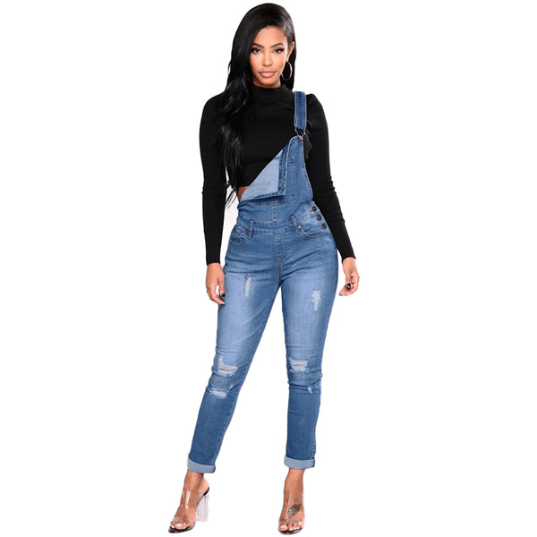 New Women Denim Overalls Ripped Stretch Dungarees High Waist Long Jeans Pencil Pants Rompers Jumpsuit Blue Jeans Jumpsuits