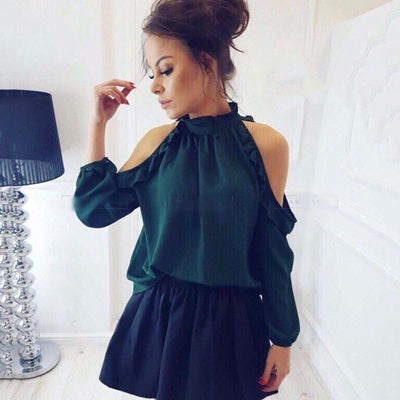 New Women Fashion Open Shoulder Blouse Summer Long sleeve Ruffle Burgundy Pink Shirt Casual Loose Blouse Tops Blusas