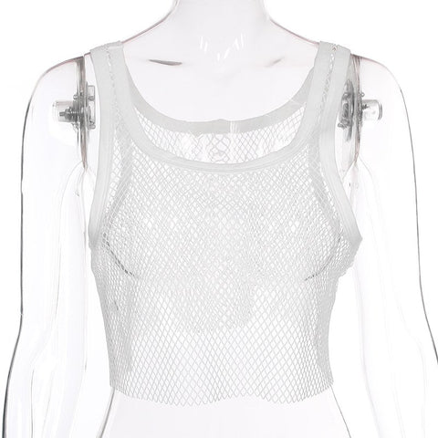 New Women Fashion Sexy See Through Camis Navel Bare Crop Tank Tops Tees Slim Fit O Neck Tube Grid White Bosom Vest