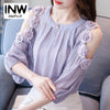 New Women Shirts Off Shoulder Tops Flowers Patchwork Blouse Female Shirt Ladies Fashion Summer Lantern Sleeve Blusas Mujer