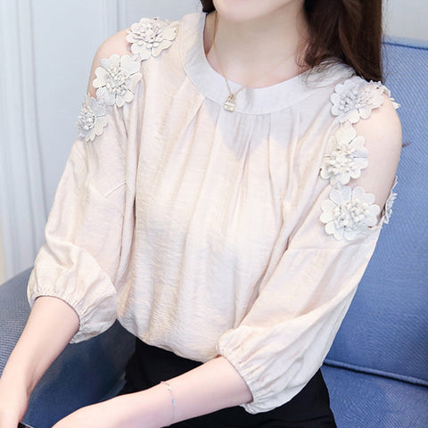 New Women Shirts Off Shoulder Tops Flowers Patchwork Blouse Female Shirt Ladies Fashion Summer Lantern Sleeve Blusas Mujer