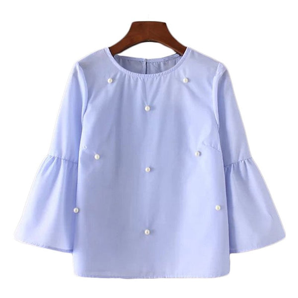 New Women Summer blusas Women New Loose casual Shirt Blouse Elegant pearls O-neck flare sleeve tops blusas