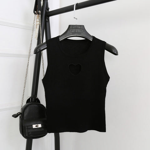 2022 New Women Tank Tops Heart Cut Out Knit Crop Top Harajuku Cute Sleeveless Midriff-baring Slim Short Tops #A020