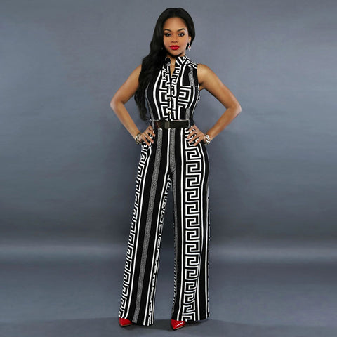 New autumn Rompers womens jumpsuit Long wide leg Pants European Fashion Belt printed bandage Elegant Jumpsuits Overalls
