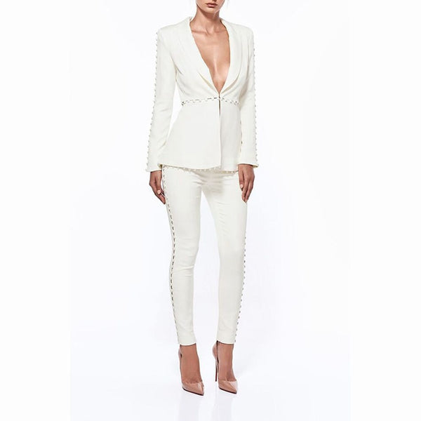 2022 Newest Spring Women Jumpsuit Celebrity Party White Long Sleeve Turn-down Collar 2 Two Piece Set Sexy Runway Suit Women