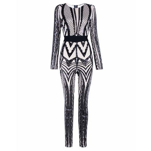2022 Newest Summer Jumpsuit Women Celebrity Party Long Sleeve O-Neck Sequined Sexy Night Out Bodycon Bodysuit Women Wholesale