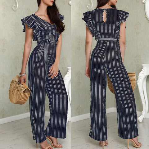 2022 Newly Summer Fashion Women Ladies Jumpsuits 2 Style Short Ruffles Sleeve Striped Slim Belt High Waist Jumpsuits