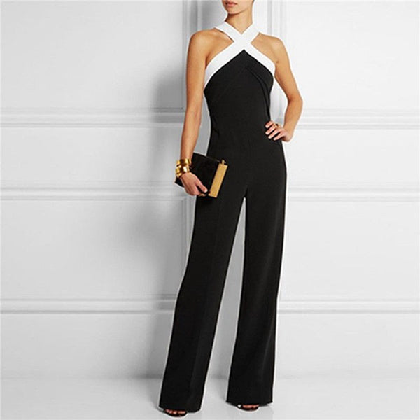 Office Lady Strap Sleeveless Bodycon Black Jumpsuit Women Wide Leg Romper Overall Pants Fashion Clothes