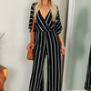 Plus Size Casual Deep V Neck 3/4 Sleeve Striped Summer Wide Leg Long Playsuit Women Elegant Party Bodysuit Jumpsuits