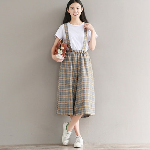 Preppy Style Cute Girls' Overalls Casual Loose Cotton Plaid Wide Leg Women Calf-Length Pants Strap Backless Cool Jumpsuits