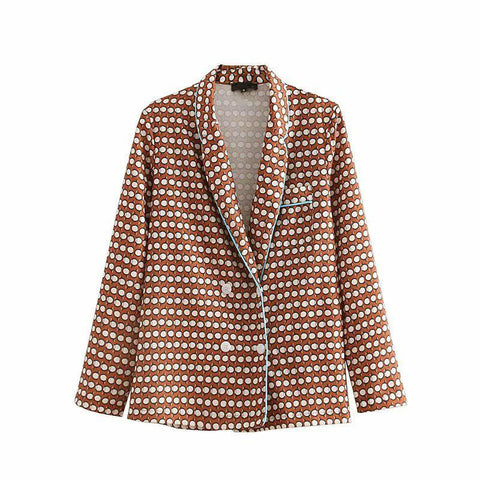 Retro Spliced Blue Edge Polka Dot Print Blazer Brown Women Lapel Double Breasted Suit Casual Coat Formal Jackets Outerwear