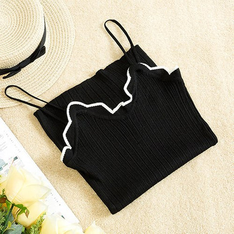 Ruffles design Knitted Tank Tops Women Sexy Sweet Crop tops Hight Quality Solid Tops Kawaii white black spaghetti shirts