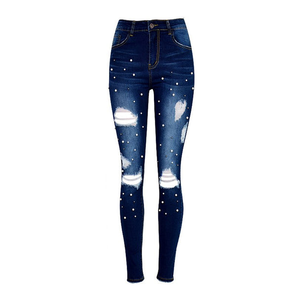 Sexy pearl jeans women Street skinny high wiast jeans plus size winter Frayed Ripped jeans for women Denim pencil Pants