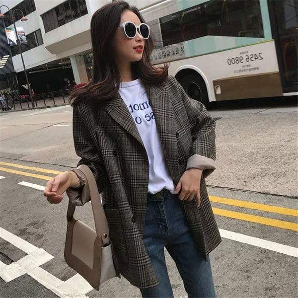 Spring Autumn New Plus Size Women Plaid Blazers Coats Casual Long Sleeve Loose Lattice Suit Jackets Female Outerwear A296