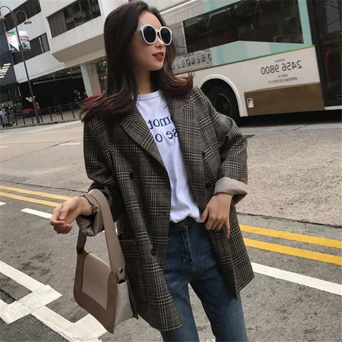 Spring Autumn New Plus Size Women Plaid Blazers Coats Casual Long Sleeve Loose Lattice Suit Jackets Female Outerwear A296