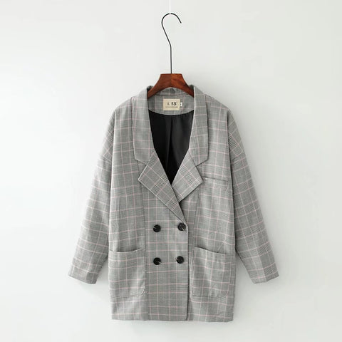 2022 Spring Autumn Plaid Long Blazer Women Double Breasted Blazer Long Sleeve Suit Jacket Female Casual Plaid Suit Loose Coat