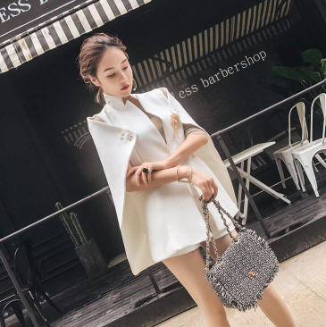 Spring Autumn Women Elegant Cape Colak Woolen Blazer  Style Slim Jackets Female Korean Stand Collar Suit Coats W1291