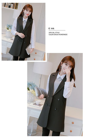 Spring Autumn blazer suit Korea sleeveless Tank top double Breastes long suit blazer pink/black suit women work jacket