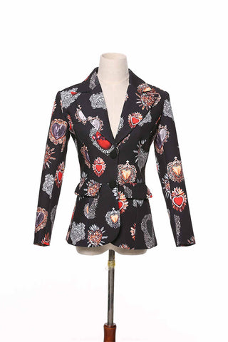 Spring Black Heart Floral Printing Plaid Fashion Slim Single Breasted Women Blazers Casual Runway Design Short Coat woman
