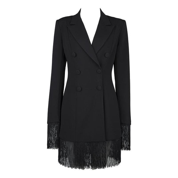 Spring Coat Women Long Blazer Solid Double Breasted Notched Tassel Elegant Jacket Casual Black Blazers & Suits Feminino