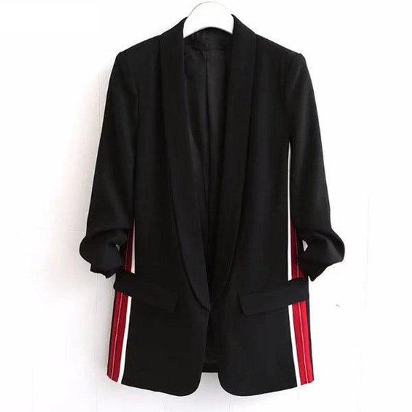 Spring Coat Women Side Striped Blazer Feminino Notched Collar Pleated Sleeve Office Suit Jacket Elegant Black Cardigan