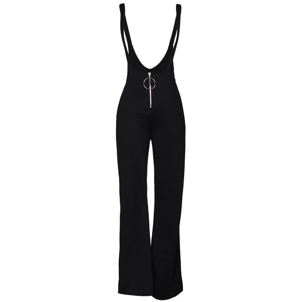 Spring Fashion Women Dungarees Overalls Bell-bottomed High Waist O-ring Zipper Front Flared Casual Jumpsuits Pants Trousers