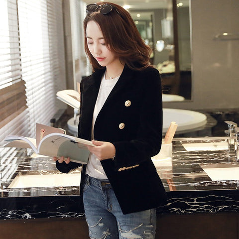 Spring Fashion Women Velvet Blazer Jackets Black Wine Red Gold Button Female Blazers feminino Casual Ladies Office Coat