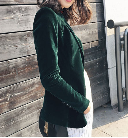 Spring Fashion Women Velvet Blazer Jackets Green Long Sleeve Pockets Korea Slim Female Jackets Casual Ladies Office Coat