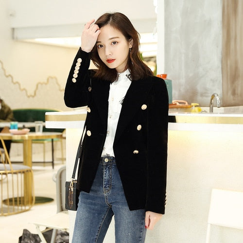 Spring Korean Fashion Double Breasted Velvet Blazer Women Slim Ladies Formal Blazers Long Sleeve Solid Casual Suit Coat