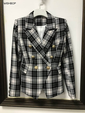 Spring Luxury Red Black Checked Blazer Double Breasted Gold Lion Buttoned up Long Sleeves cuff buttons With Pockets