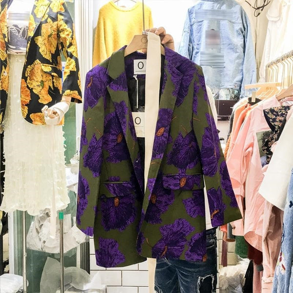 2022 Spring New Korean Floral Tunic Sashed Vintage Jackets Turn Down Collar Chic Women Blazers High Fashion Retro Oversize Coat