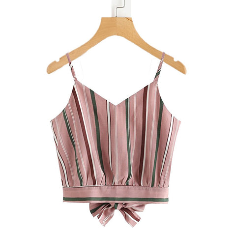 2022 Spring New V Neck Cropped Blouse Women Sleeveless Bow Tie Shirt Female Striped Summer Crop Top Clothing Moletom Feminino#EW