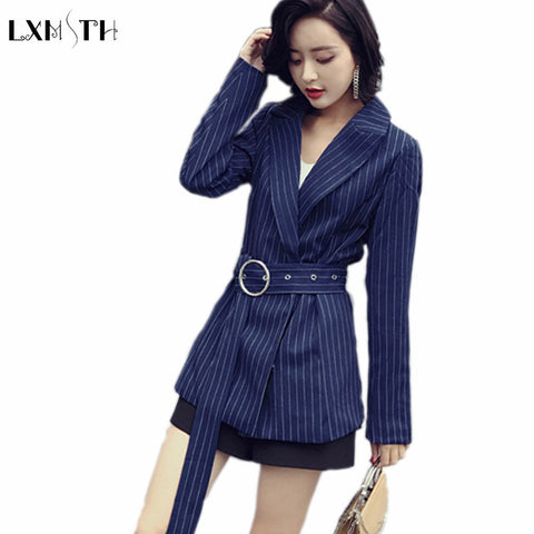 Spring Office lady Blue Striped Blazers Women Loose  Korean Slim Fashion Suit Jackets Female Long Sleeved Work Jacket
