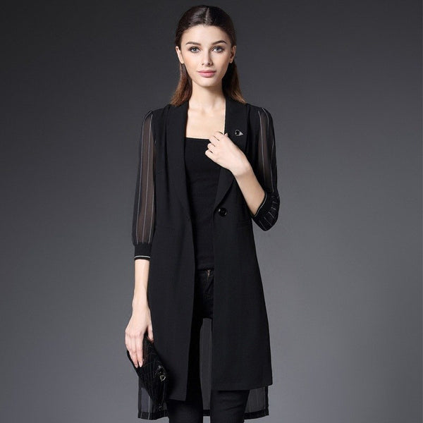 Spring Summer Middle Long Chiffon Blazer Women Three Quarter Sleeve Notched Collar Striped Shirt Single Button Office XT026